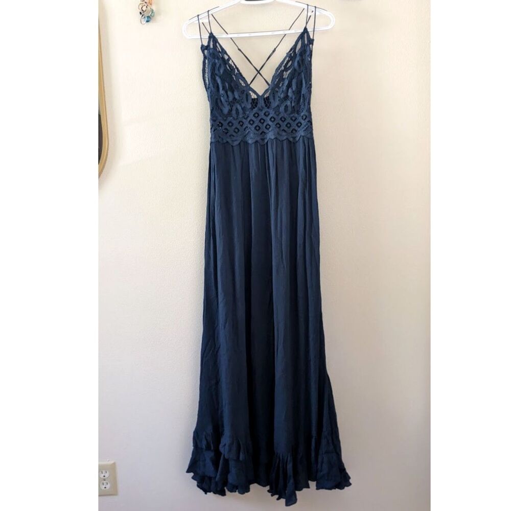 Free People FP One Adella Maxi Slip Dress Navy Blue sz Lace Boho Whimsigoth